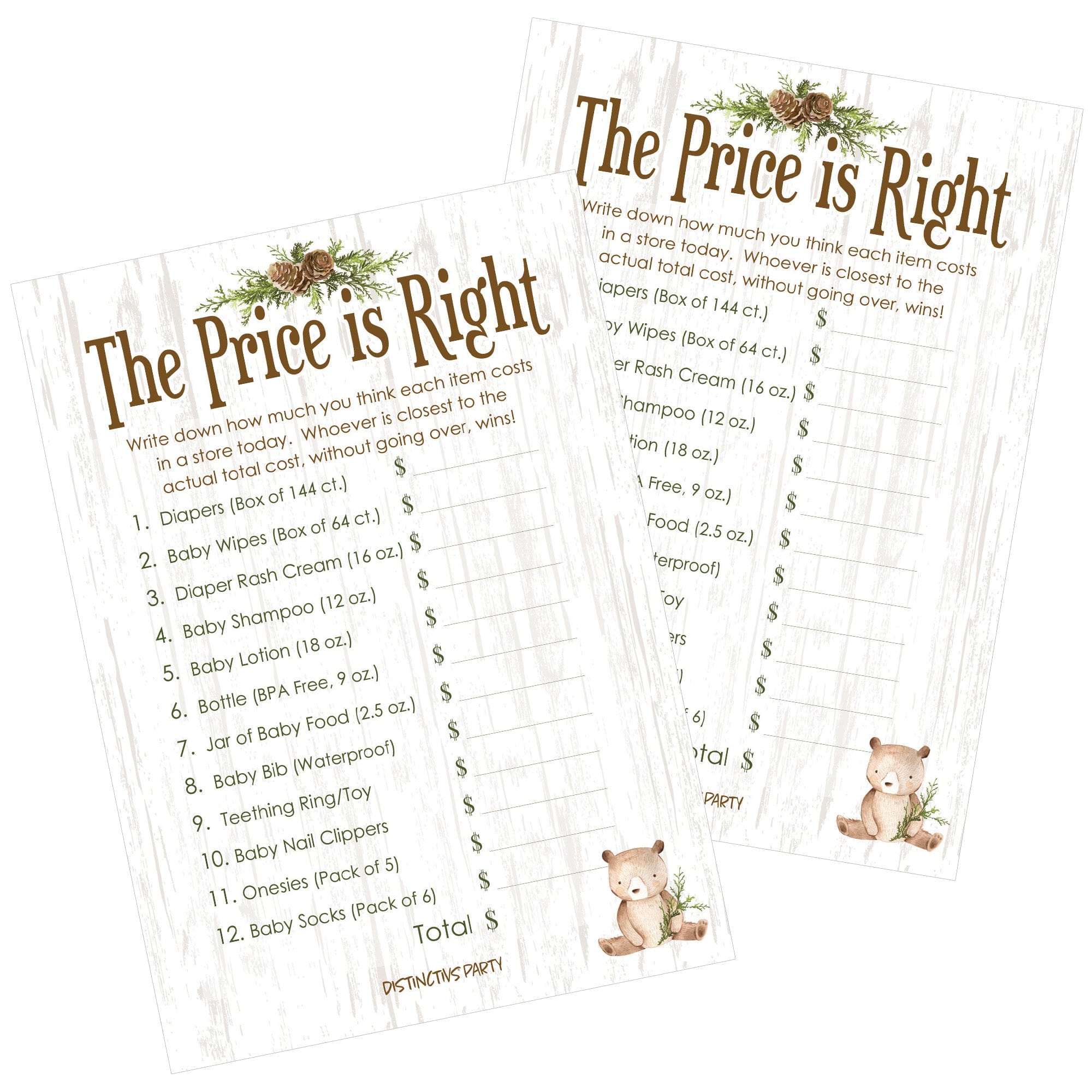 Woodland Bear Baby Shower Price is Right Game Cards - 20 count